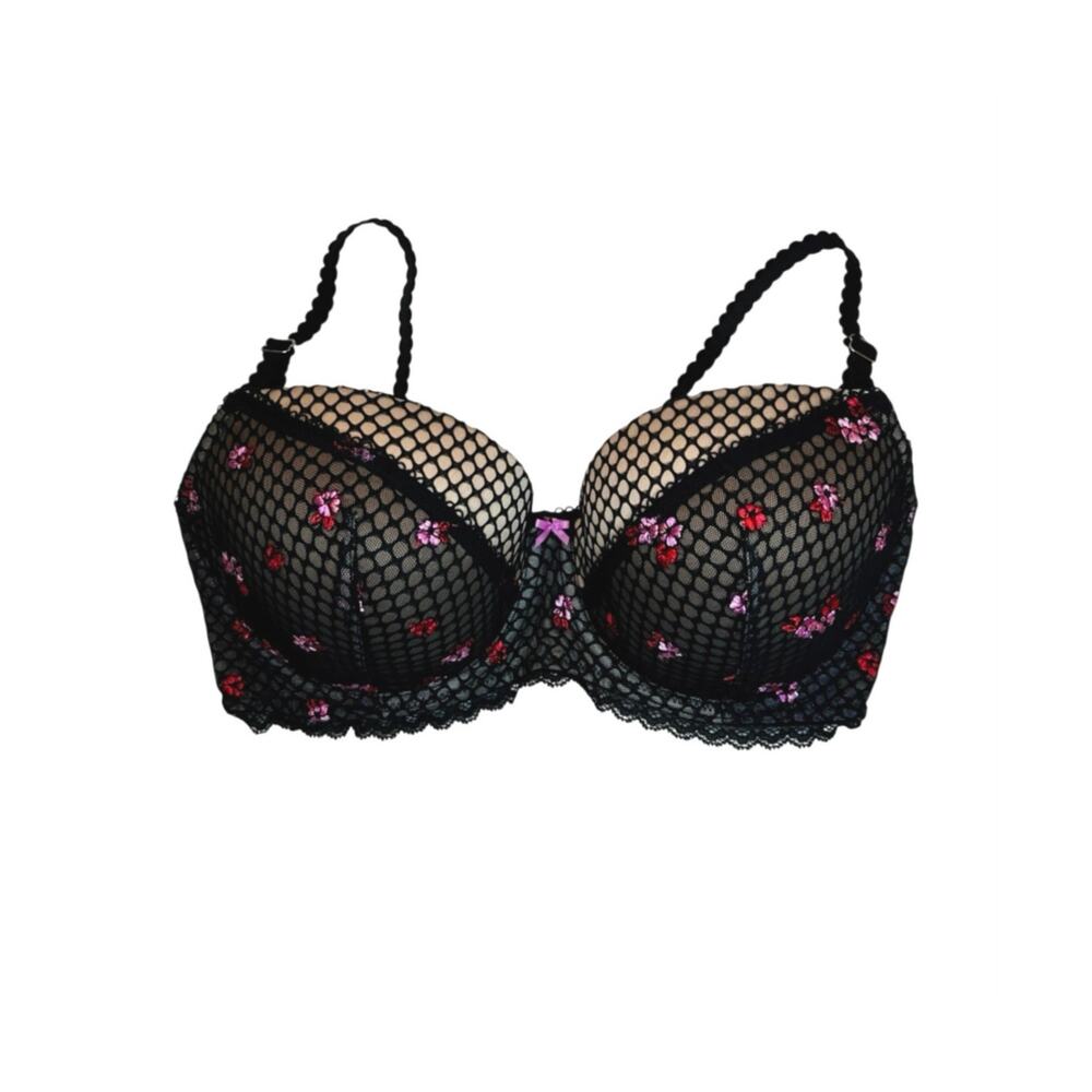 Victoria's Secret Dream Angels Beige Black Fishnet Floral Demi Bra 34DD